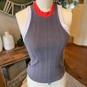 Gray Sleeveless Top with Red and White Accents